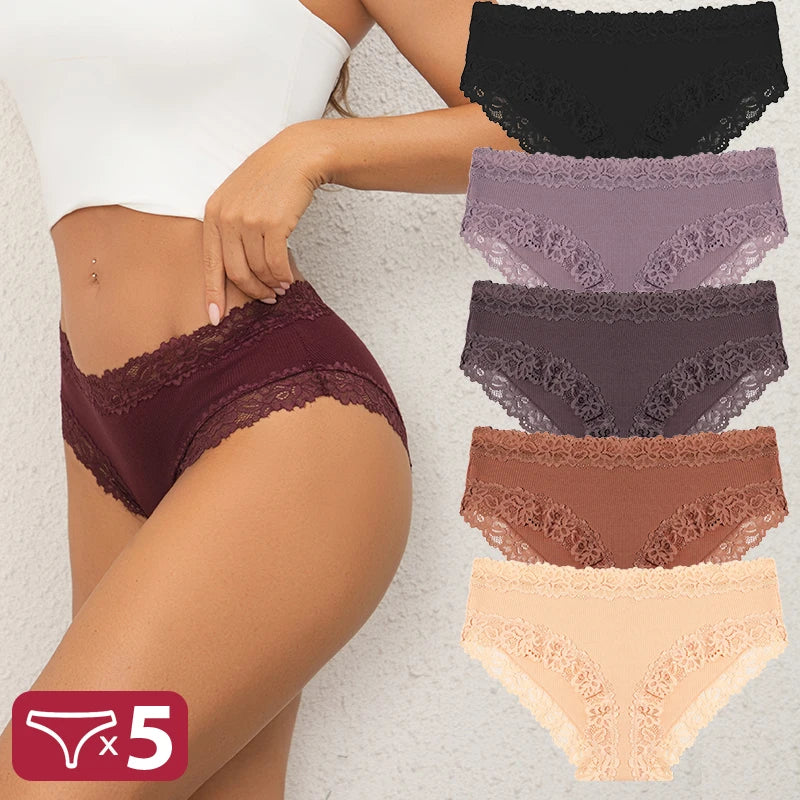 5Pcs Sexy Cotton Lace Panty Women Low Waist Panties Underwear S-XL Solid Color Ladies Briefs Lingere Underware Comfortable Women