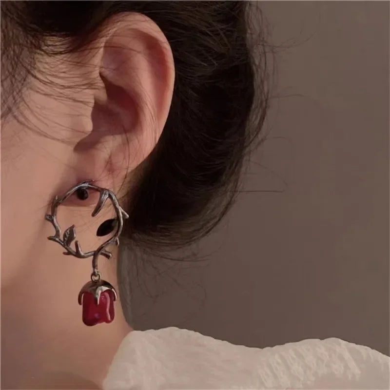 Gothic Red Rose & Thorn Drop Earrings