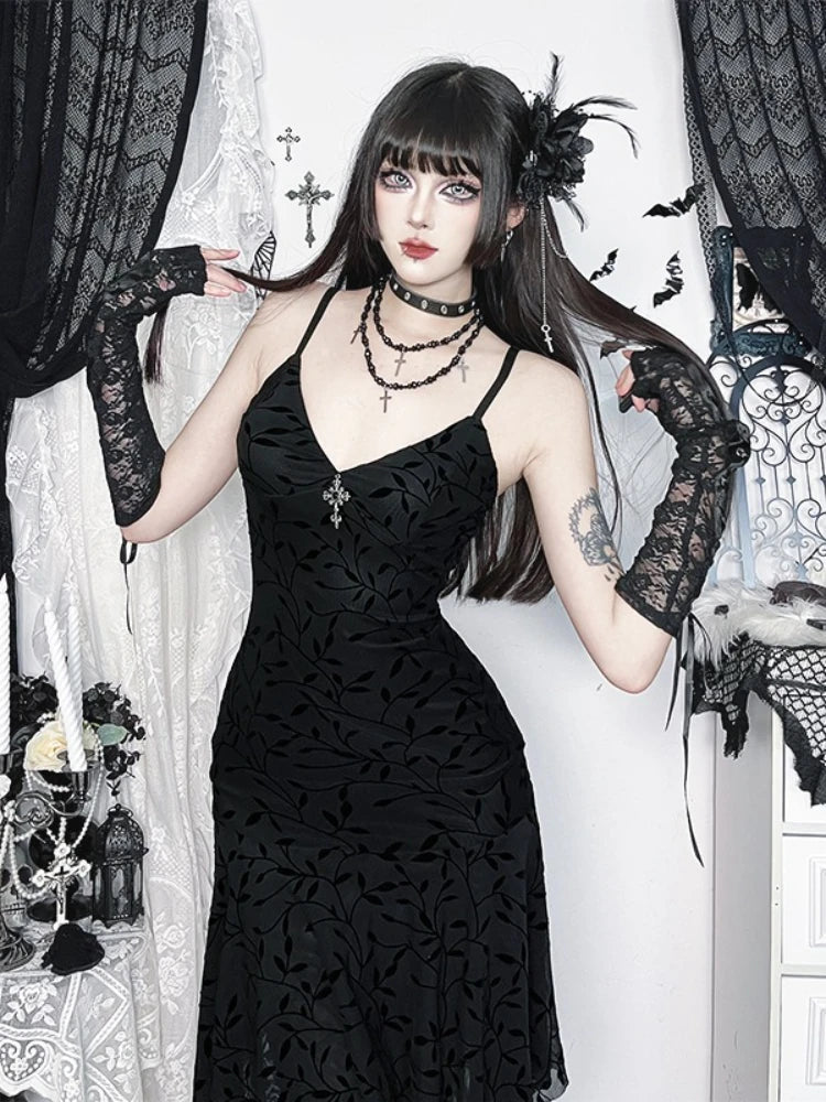 AltGoth Fairycore Grunge Gothic Flocking Dress Women Dark Vintage Elegant Spaghetti Strap High Waist Irregular Hem Dress Female
