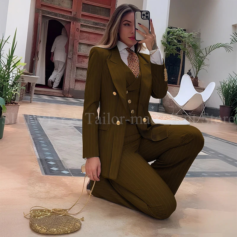 Luxury Green Striped Women Suit Double Breasted 3 Piece Jacket Vest Pants Female Clothing Slim Fit Formal Office Lady Blazer Set