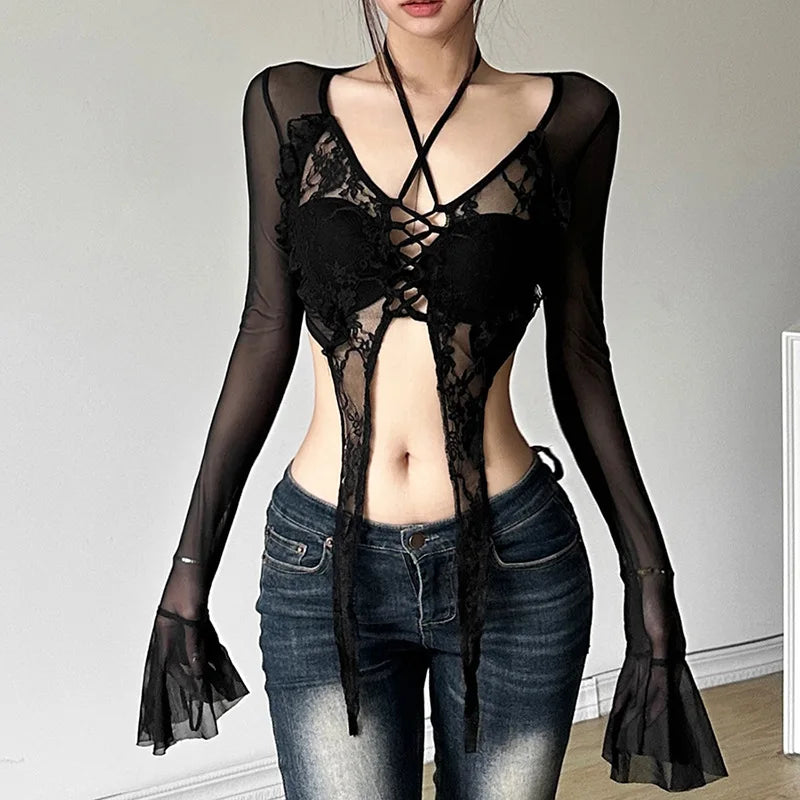 Goth Dark E-girl Fashion Mesh See Through Crop Tops Mall Gothic Sexy Long Sleeve Bandage Blouse Cyber Y2k T-shirts Alt Teachwear