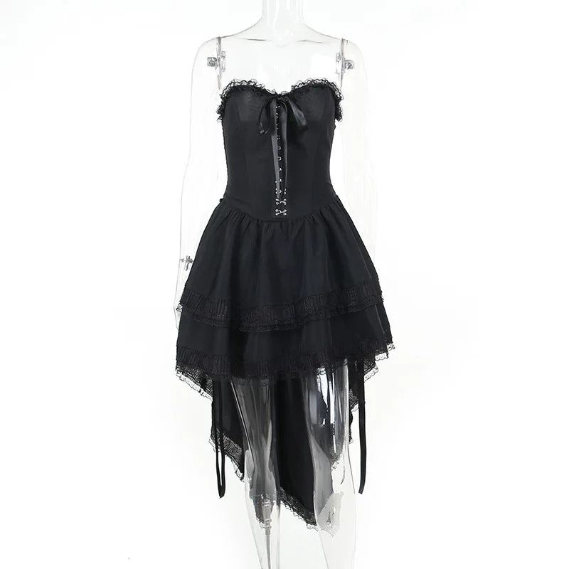 Women's Dress Gothic High Low Swing Asymmetric Vintage Goth Black Lace Elastic Waist Pleated Bodycon Dresses
