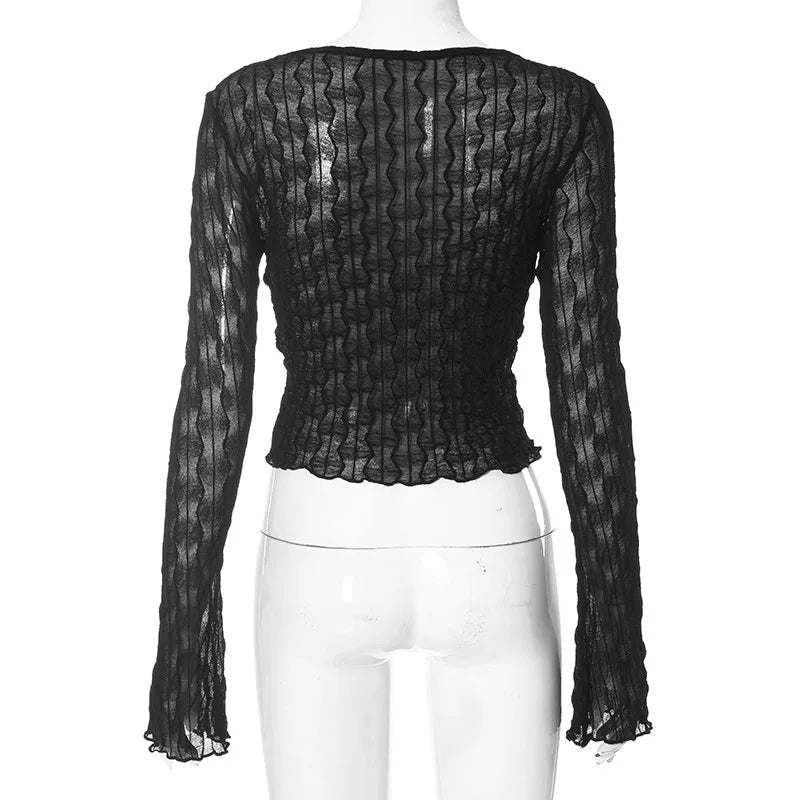 Goth Dark Folds Mall Gothic Lace Up Sexy Blouses Grunge Y2k Fairycore Long Sleeve T-shirts Female Transprent Skinny Fashion Tops