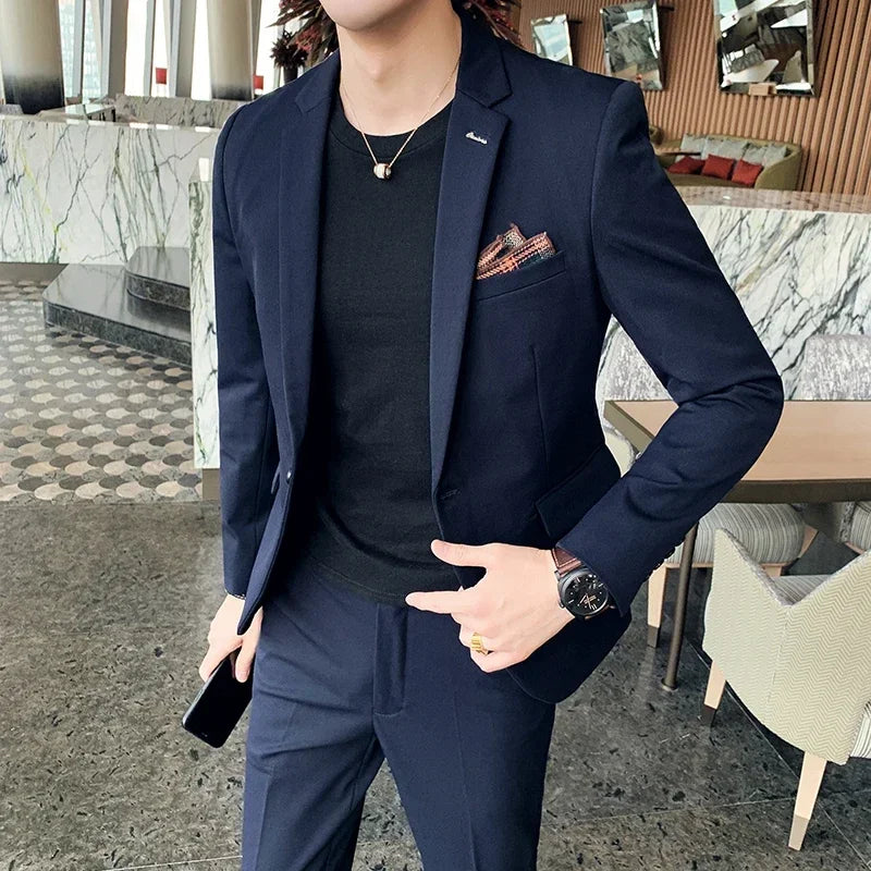 ( Blazer + Pants ) High-end Brand Formal Business Plaid Mens Suit Groom Wedding Dress Solid Color Stage Performance Tuxedo S-7XL