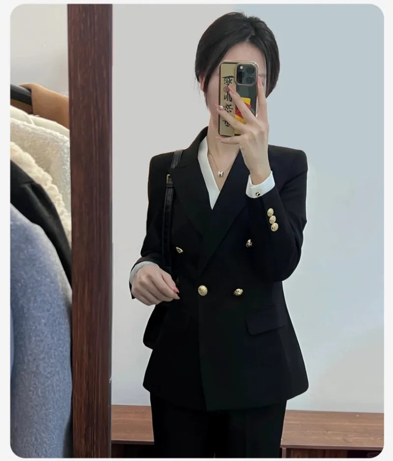 Elegant Business Office 2 PCS Set Female Slim Blazer Outfits Sets 2026 Women's Lapel Button Coat Jacket + Pencil Pants Suit Sets