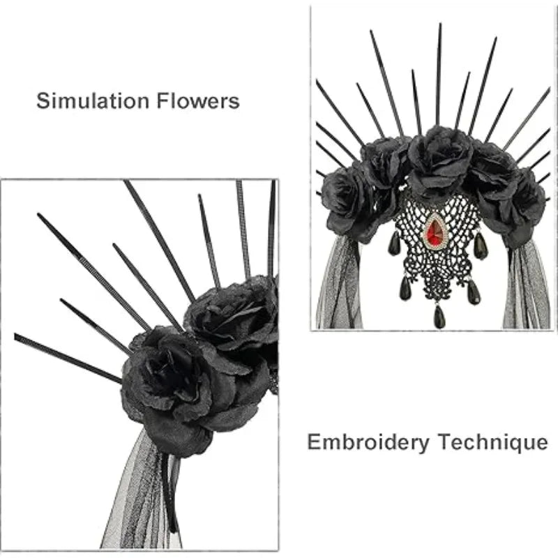 Gothic halo crown, flower headband, black veil. Sunburst Spike crown accessory for ladies Halloween costume hair accessory