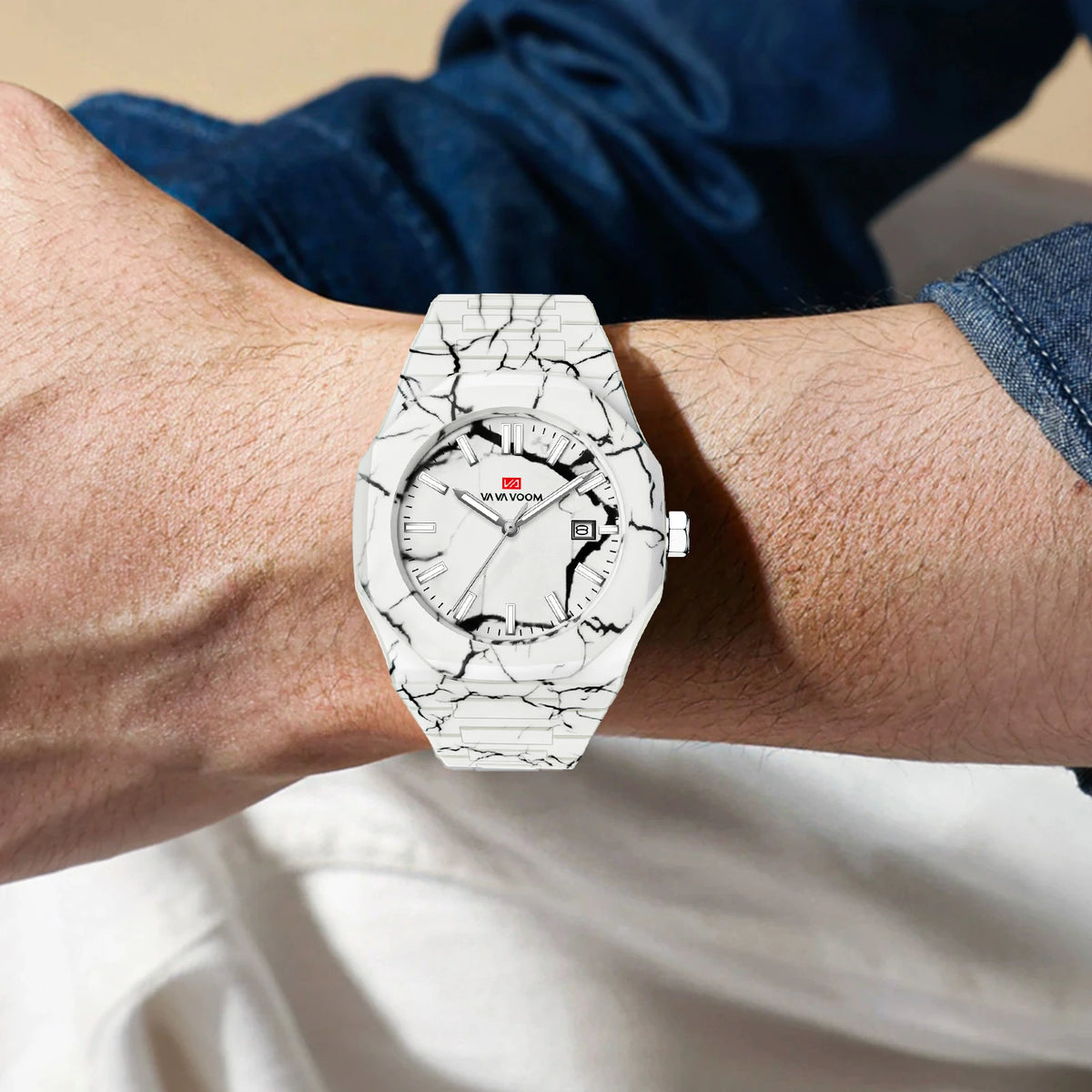 VA VA VOOM Top Brand Men Watch Original Marble Pattern Business Style 40mm Clock 3Bar Black Silicone Sports Quartz Watch for Men