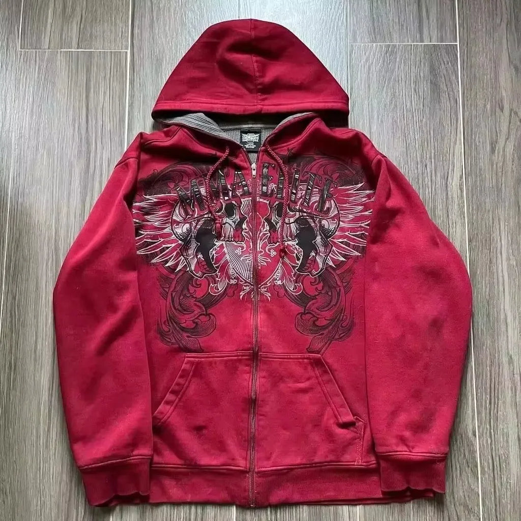 Y2K Street Gothic Hoodie Punk Classic Retro Skull Print Zipper Hip Hop Leisure Sweater New Personality Hoodie Street Wear