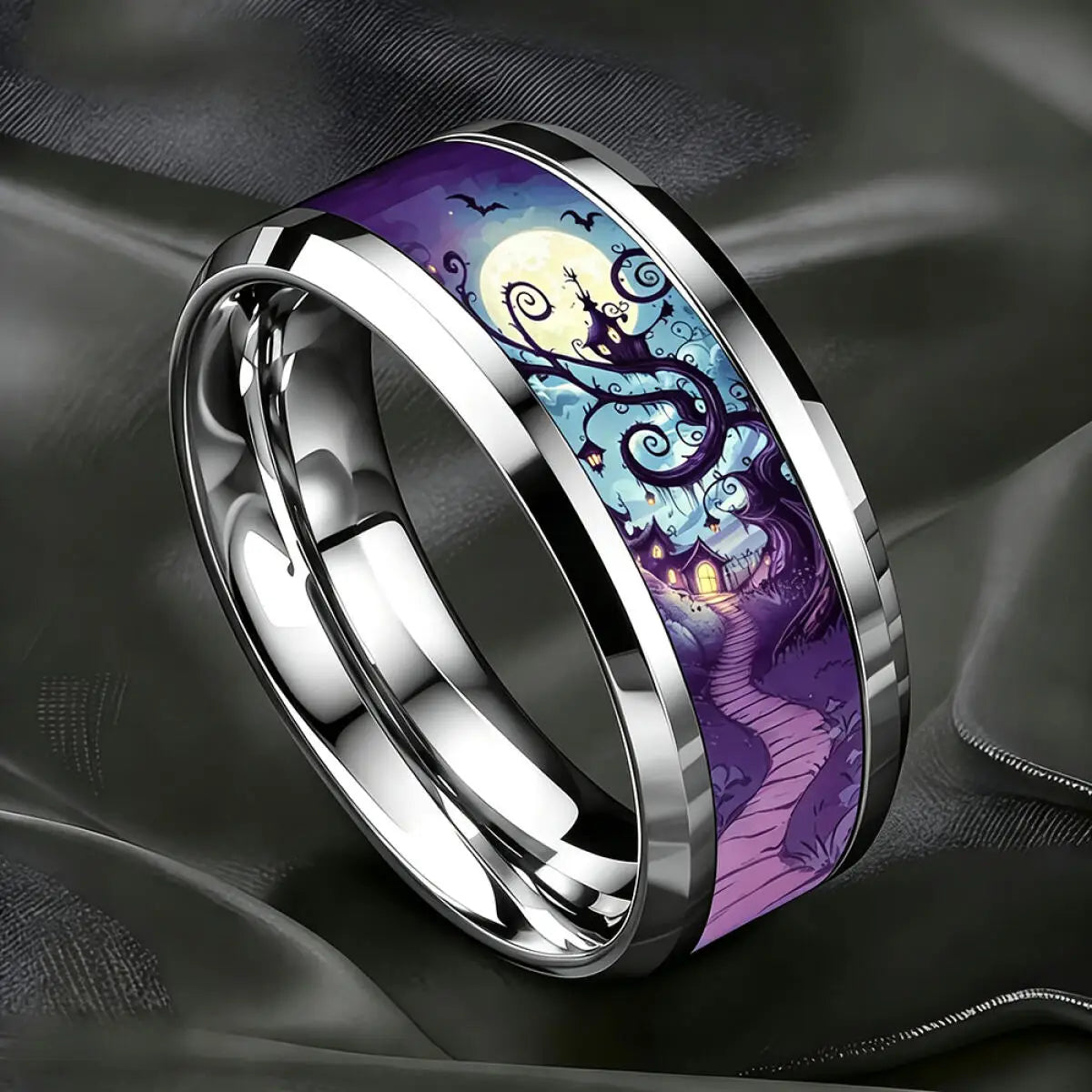 Vintage Gothic Halloween Castle Moon Bat Ring Hiphop Stainless Steel Rings For Men Wedding Party Jewelry Valentine's Day Gift