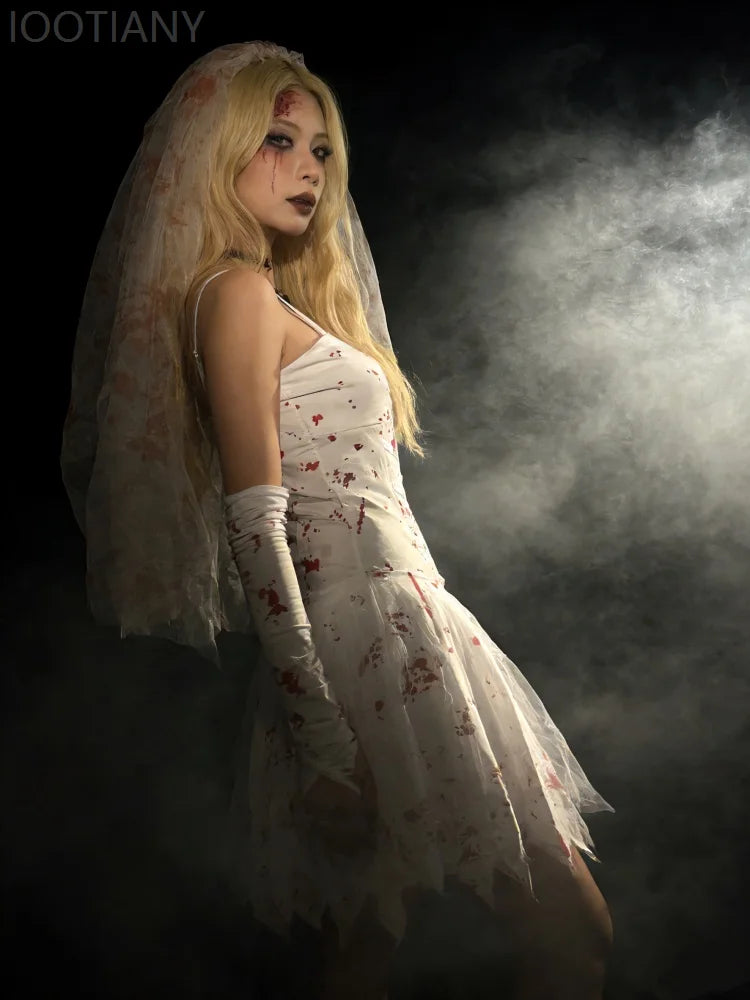 Gothic Blood Bride Halloween Fancy Dress Spaghetti Strap Lace Up Corset Mini Dresses Outfit Stained Sheer Veil Party Costume Set