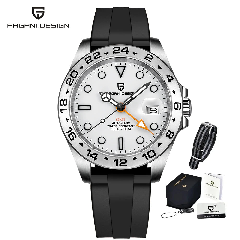 PAGANI DESIGN Automatic GMT Watch DG5833GMT Movement Rubber Strap 100M Waterproof Luminous Men Sports Mechanical Wristwatch