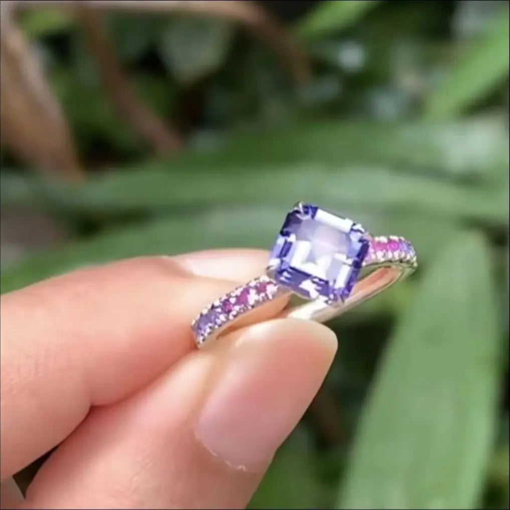 New Square Colored Diamond Women's Ring, Amethyst Zircon Jewelry Simple European and American Jewelry Wholesale