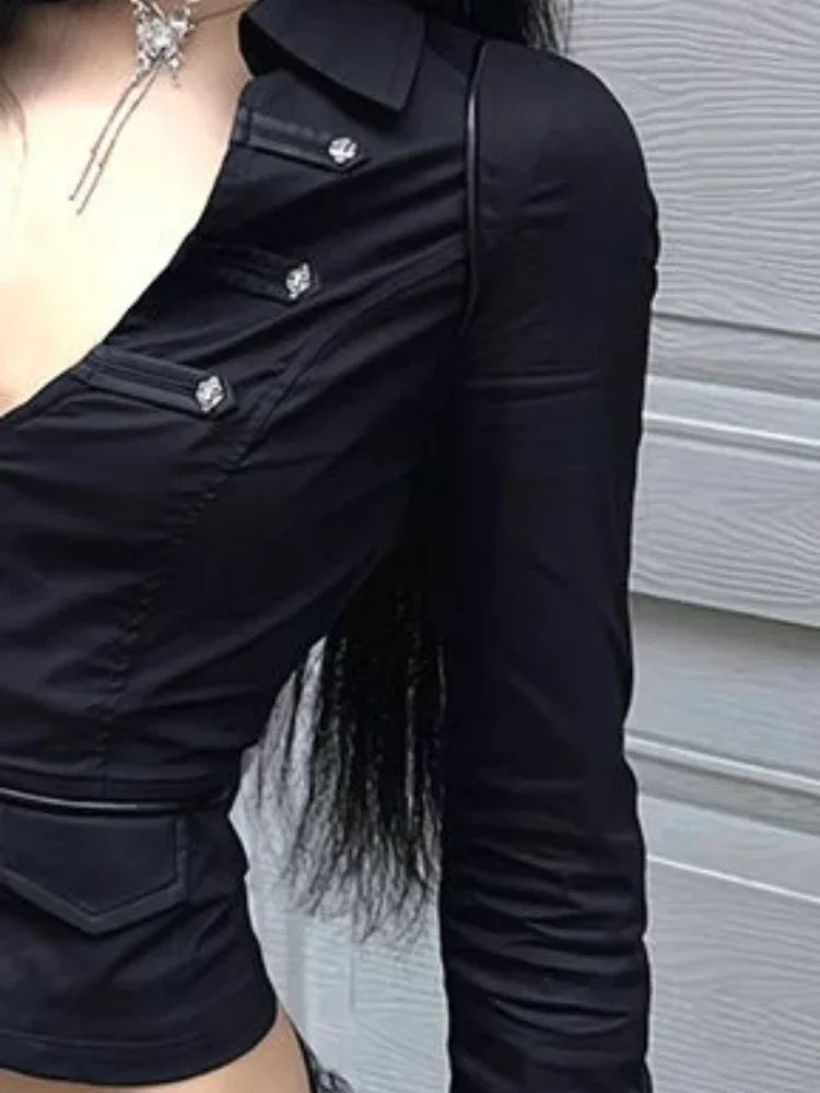 Y2k Aesthetic Women Sexy Blouse Solid Double Zippers Slim Fit Grunge Shirt Harajuku Turn Down Collar Streetwear Cropped Tops