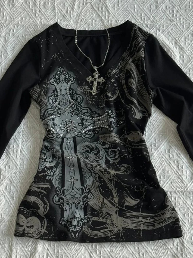Y2K Gothic black printed T-shirt female American retro spring new V-neck long sleeve waist slim top