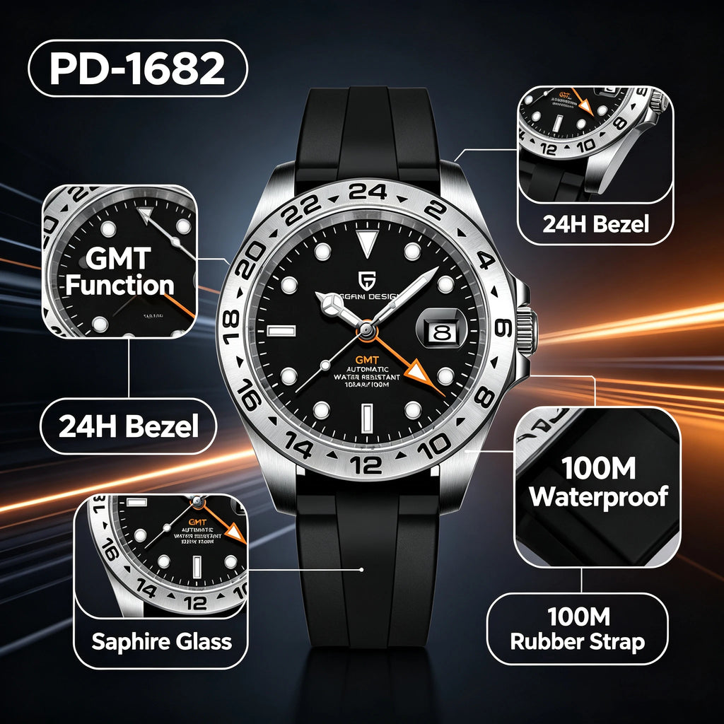 PAGANI DESIGN Automatic GMT Watch DG5833GMT Movement Rubber Strap 100M Waterproof Luminous Men Sports Mechanical Wristwatch