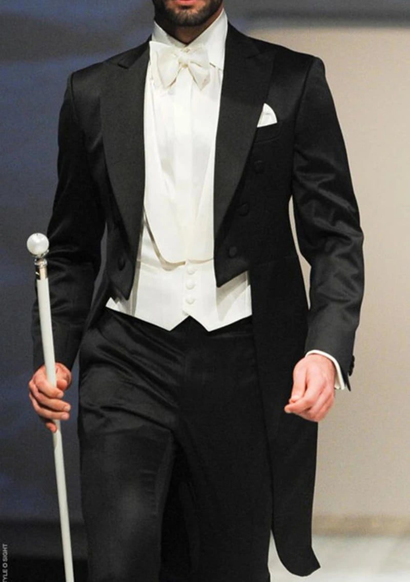 Mens Tuxedo Tailcoat Formal Dress Suits Swallow Tail Coat Black Male Jacket Vest Pants Party Wedding Dance Magic Performance