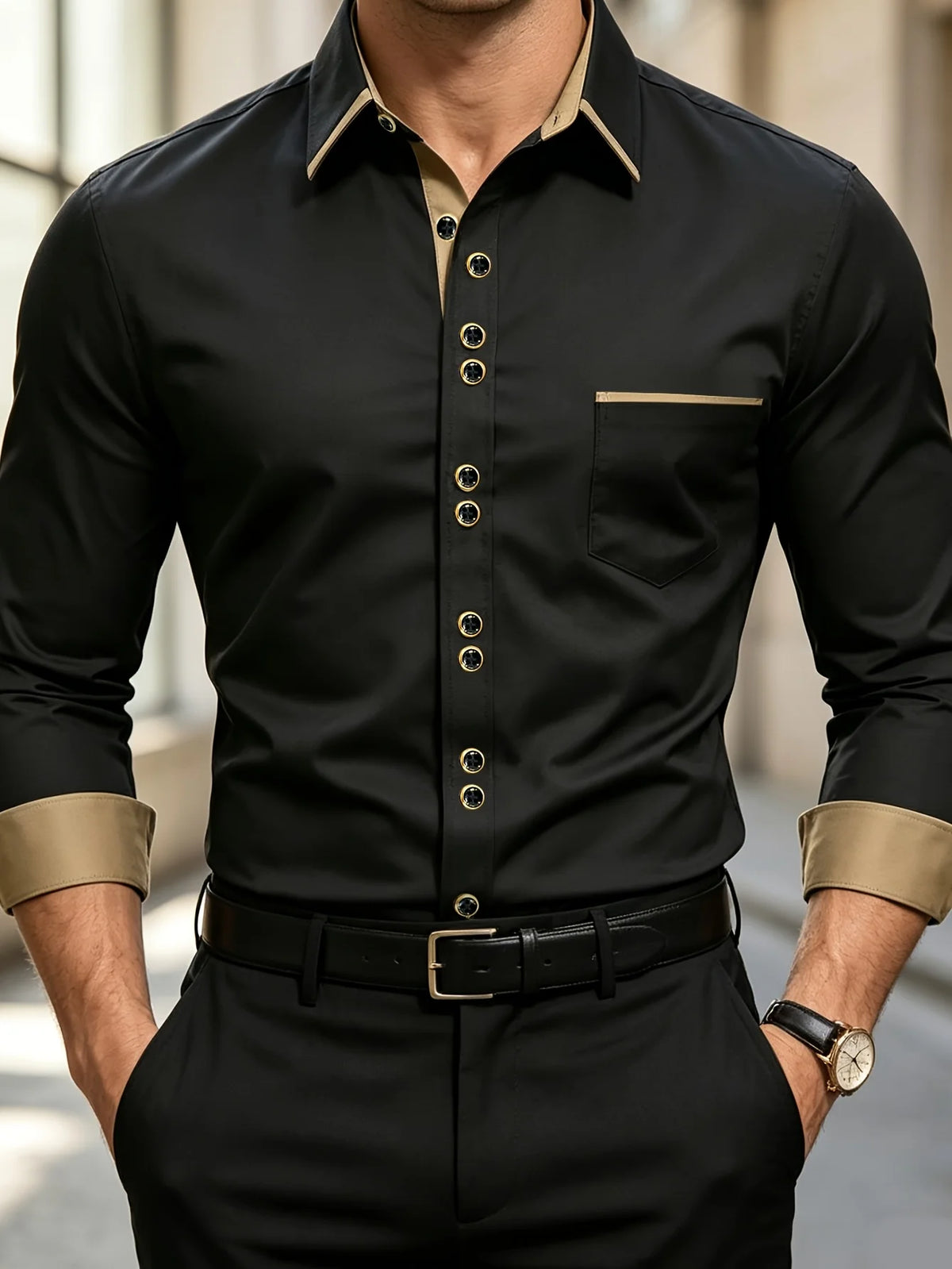 FGKKS Men Shirt Brand New Men's Fashion Multiple Color Patchwork Long Sleeve Elastic Shirt Smart Casual Male White Shirts