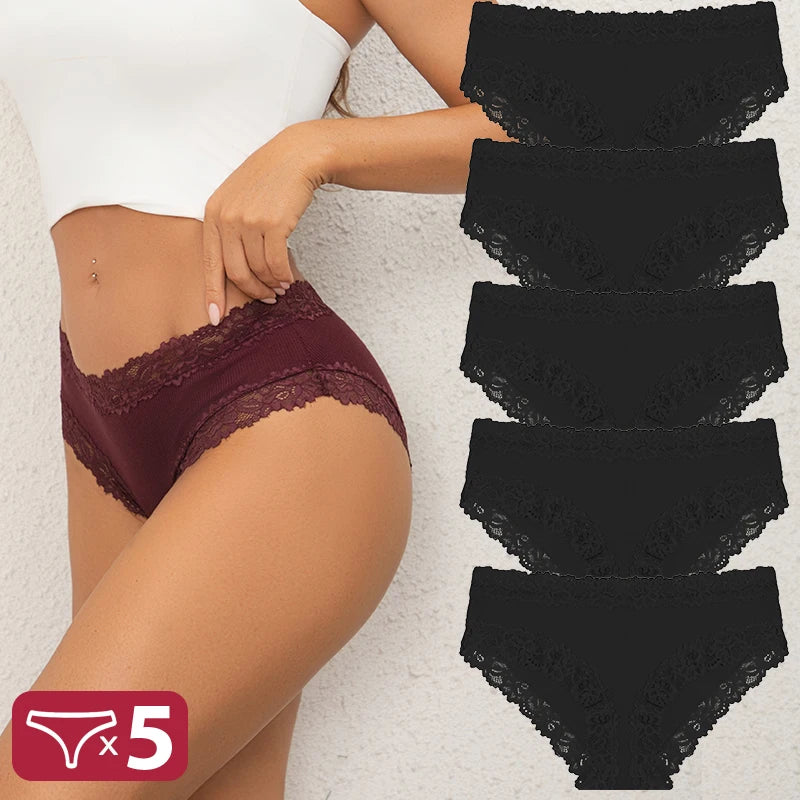 5Pcs Sexy Cotton Lace Panty Women Low Waist Panties Underwear S-XL Solid Color Ladies Briefs Lingere Underware Comfortable Women