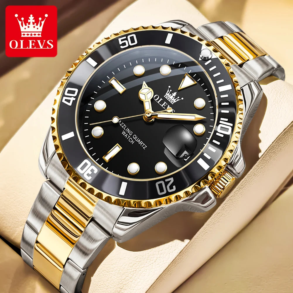 OLEVS Men's Watches Classic Luxury Fine Steel Strap Big Date Original Quartz Wristwatch for Man Waterproof Luminous Trend Dress