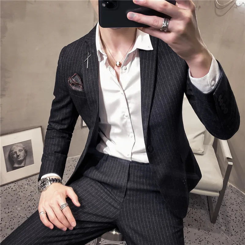 ( Blazer + Pants ) High-end Brand Formal Business Plaid Mens Suit Groom Wedding Dress Solid Color Stage Performance Tuxedo S-7XL