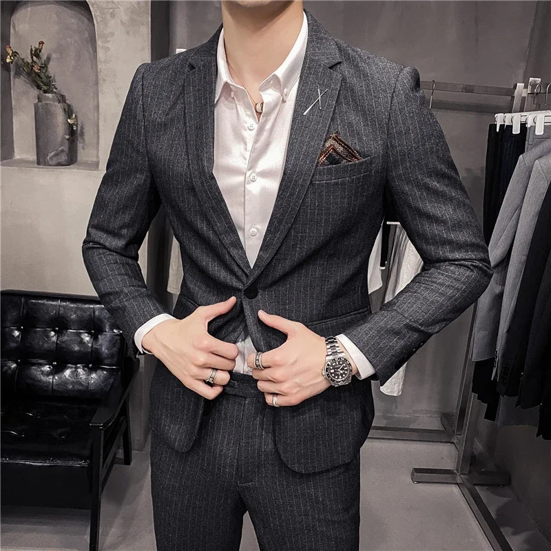 ( Blazer + Pants ) High-end Brand Formal Business Plaid Mens Suit Groom Wedding Dress Solid Color Stage Performance Tuxedo S-7XL