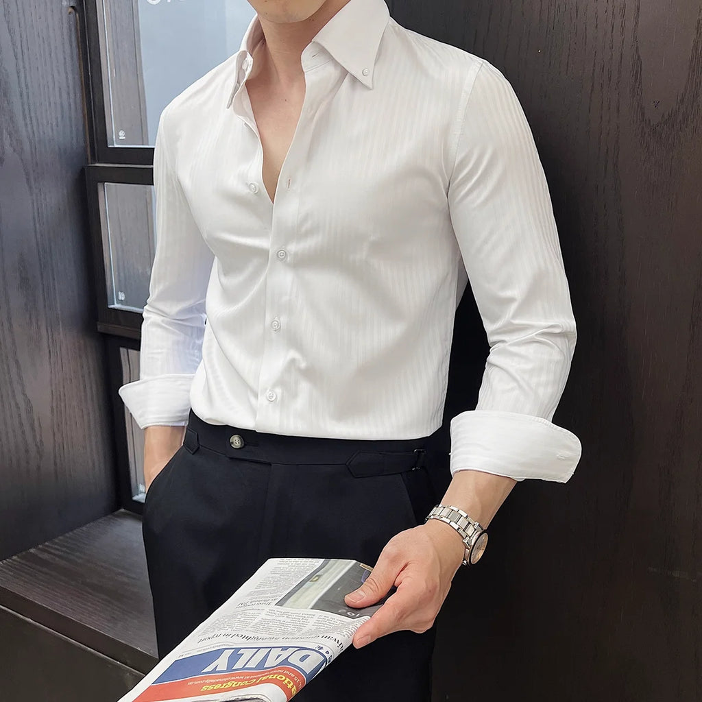 New Dark Striped Pointed Collar Shirt 2025 Men's Long Sleeved High-end Business Slim Fit Casual Versatile Men's Tailcoat Shirts