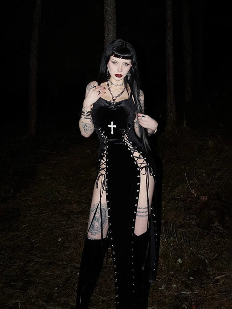 AltGoth Gothic Dark Velvet Dress Women Sexy Streetwear Y2k E-girl Harajuku Grunge High Waist Split Lace-up Party Dress Female