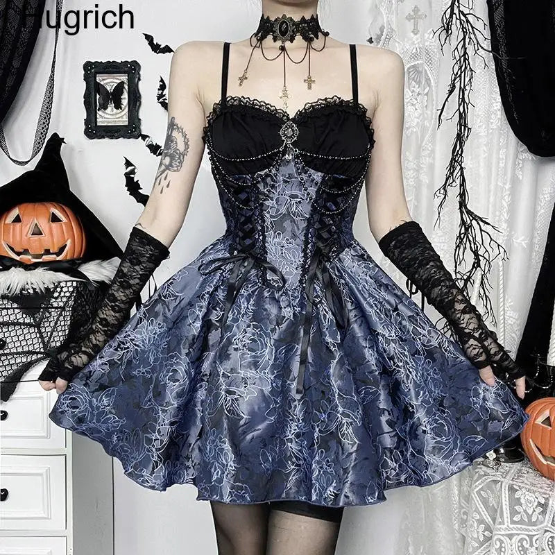 Gothic Lolita 2 Piece Outfit for Women Victorian Corset Lace Mini Dress with Lace Stand Collar Puff Sleeve Bolero Shrug Dark