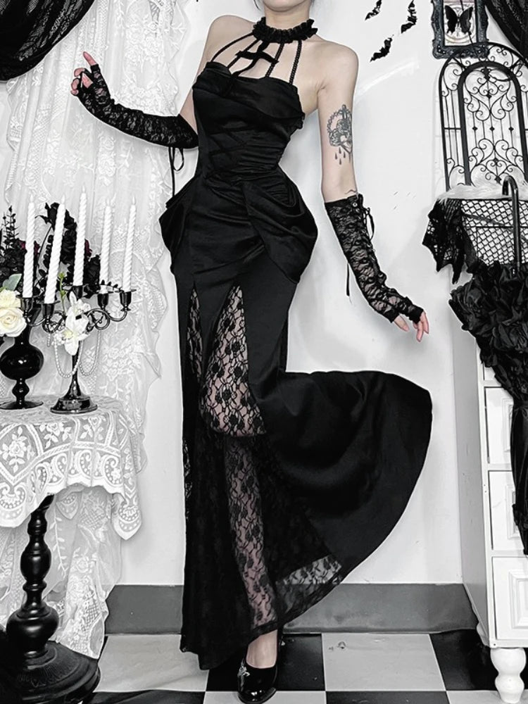 AltGoth Aesthetic Gothic Party Dress Women Fairycore Grunge Sexy Elegant Sweet Lace Patchwork Halter Bandage Corset Dress Female