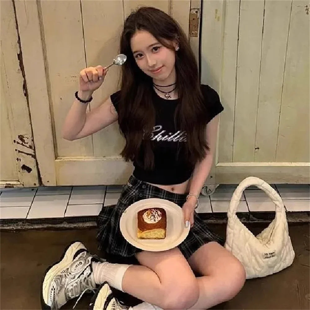 Y2k Women Mini Pleated Skirts Gothic Punk Mid Waist Stripe Print Lace Ruffle Harajuku School Zip Up Short Skirt Y2K Mini Skirts