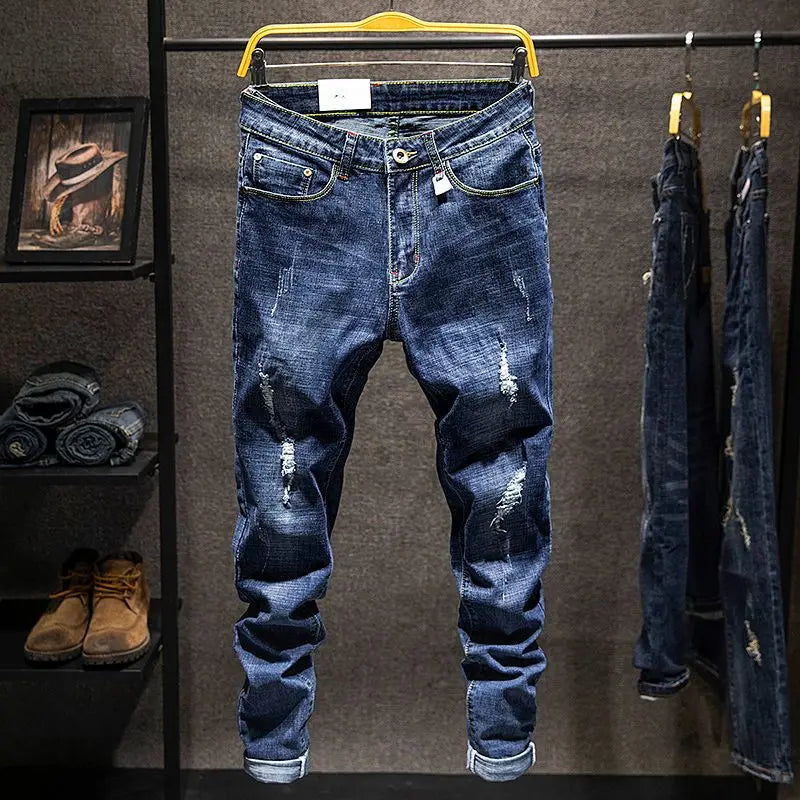 American Elastic Straight Jeans Men Ripped Worn-out Slim-fit Cotton Denim Pants Korean Style Fashion Trousers Men's Clothing