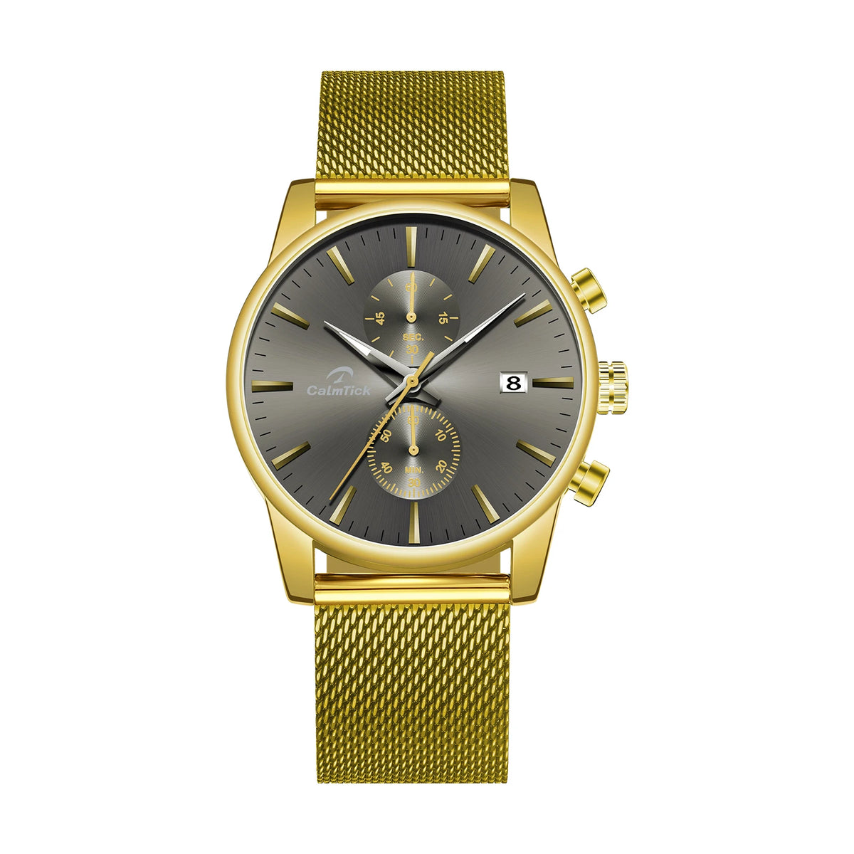 CalmTick Fashion Business Pointer Quartz Watch with Stopwatch Luminous Waterproof Metal Strap