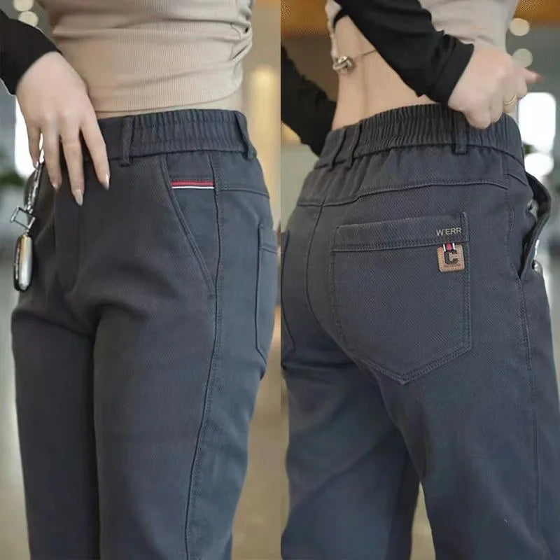 New Korea Fashion Mens Casual Four Season Pants Straight Slim Fit Trousers Elastic Waist Gray Black Khaki Brand Trousers