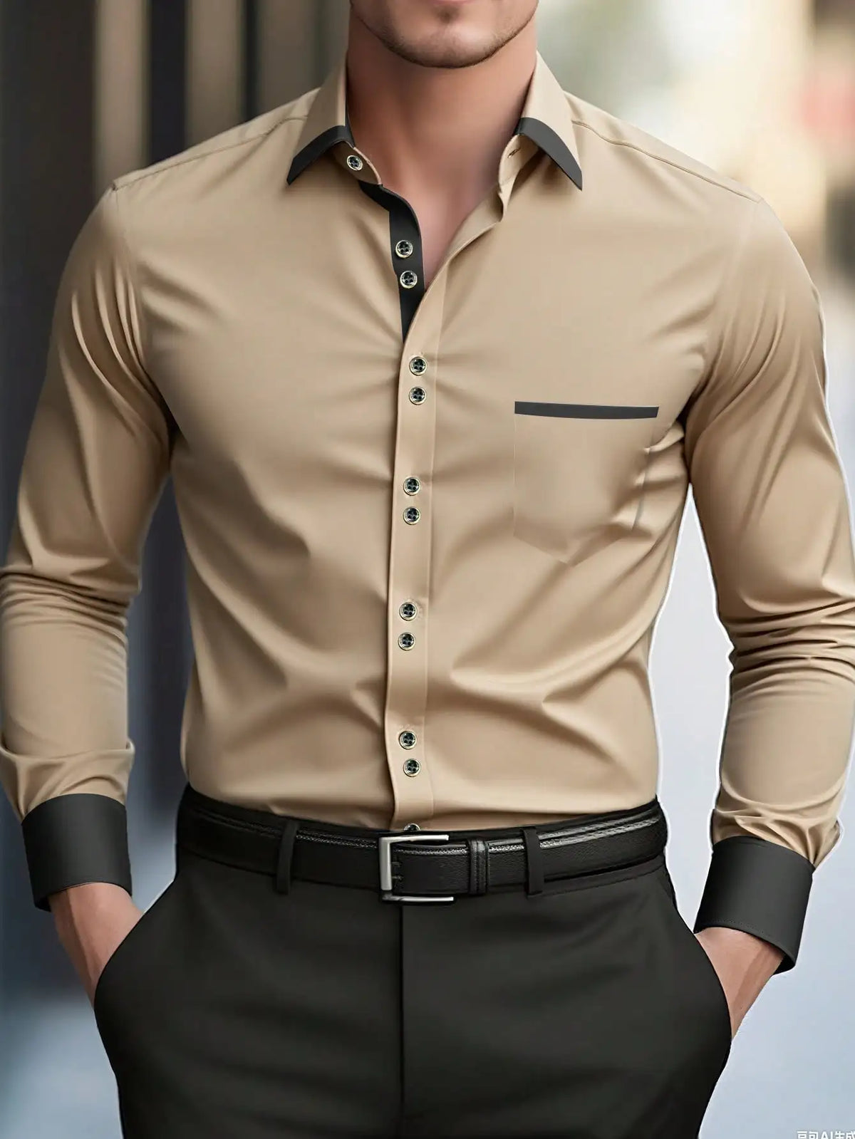 FGKKS Men Shirt Brand New Men's Fashion Multiple Color Patchwork Long Sleeve Elastic Shirt Smart Casual Male White Shirts