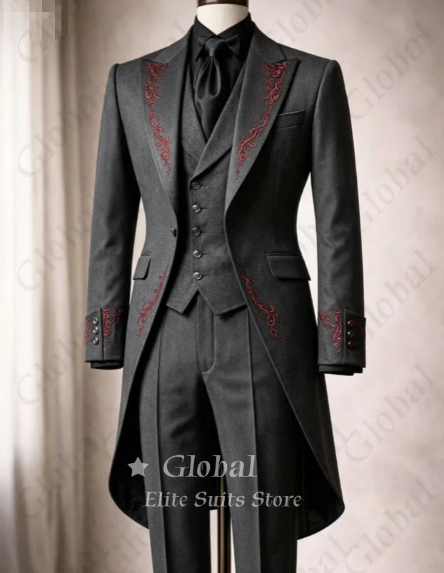 Black Tailcoat Tuxedo 3-Piece Suit with Red Embroidery Gothic Victorian Style Formal Wedding Prom Party Groom Outfit Customized