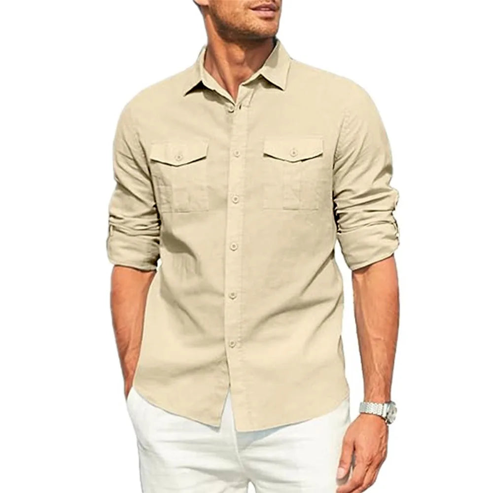 Men's Shirt Double Pocket Cotton Linen Long Sleeve Shirt Casual Holiday Shirt Simple Lapel Solid Cargo Shirts Tops Blouses