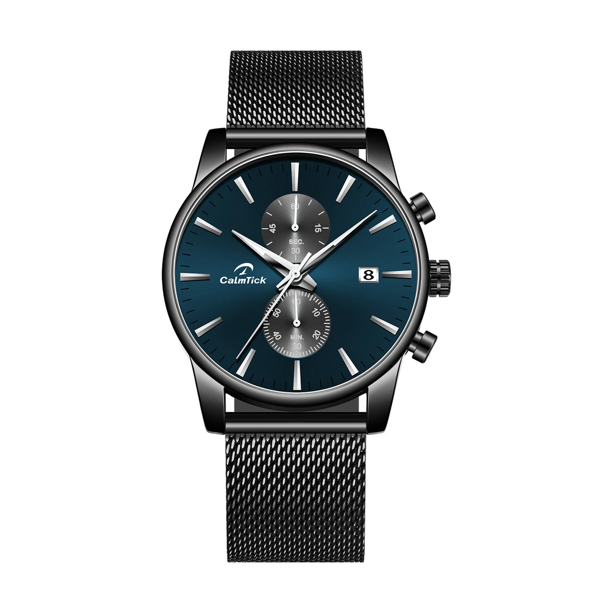 CalmTick Fashion Business Pointer Quartz Watch with Stopwatch Luminous Waterproof Metal Strap