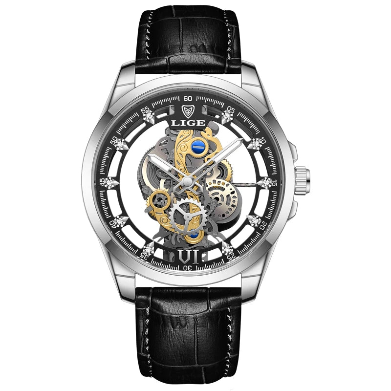 2026 LIGE Men Watch Skeleton Automatic Quartz Watch Gold Skeleton Vintage Man Watch Mens Watches Top Brand Luxury часы мужские