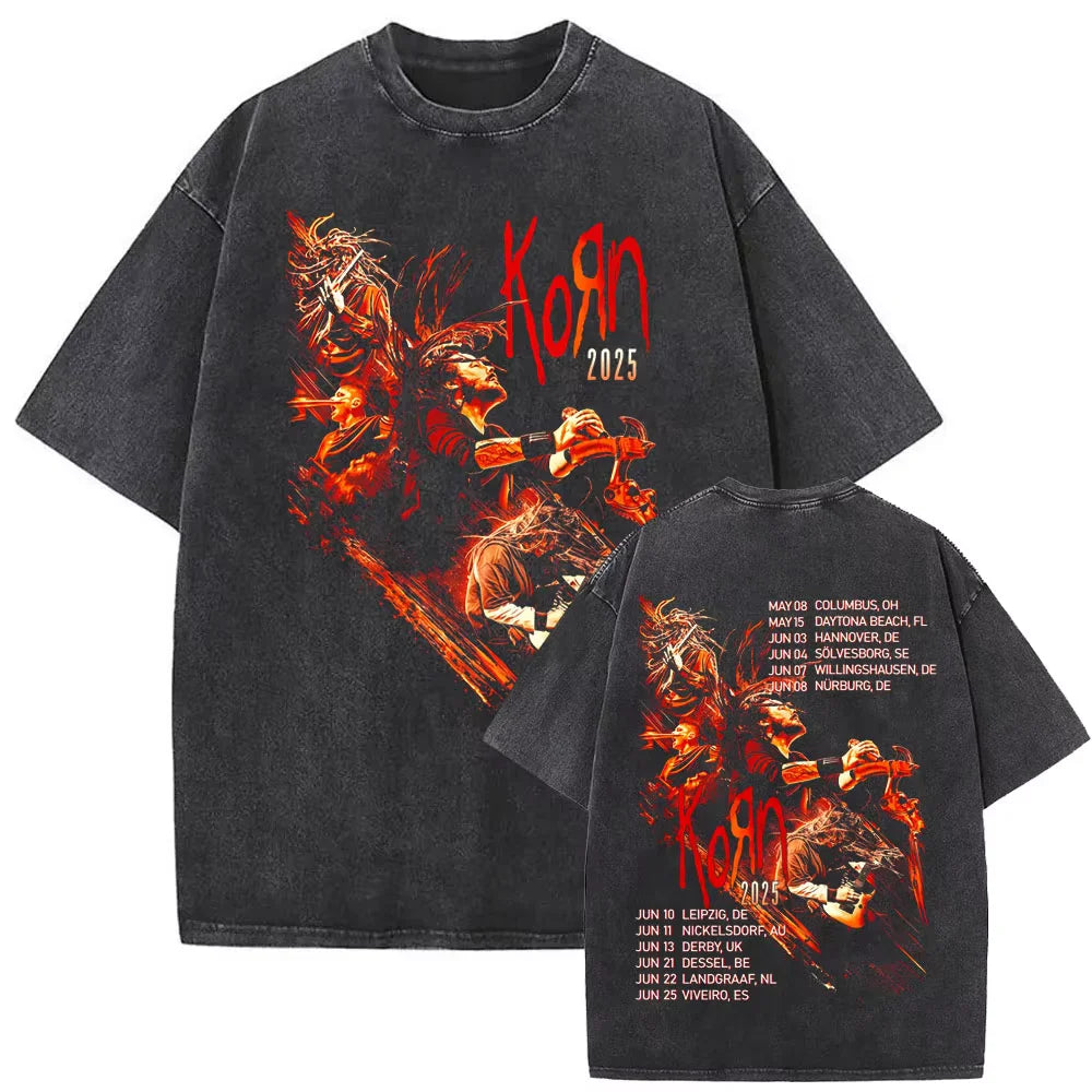 New Washed Vintage Alternative Nu Metal Rock Band Korn Print Tshirt Men Oversized T-shirts Male Fashion T Shirts Y2k Streetwear