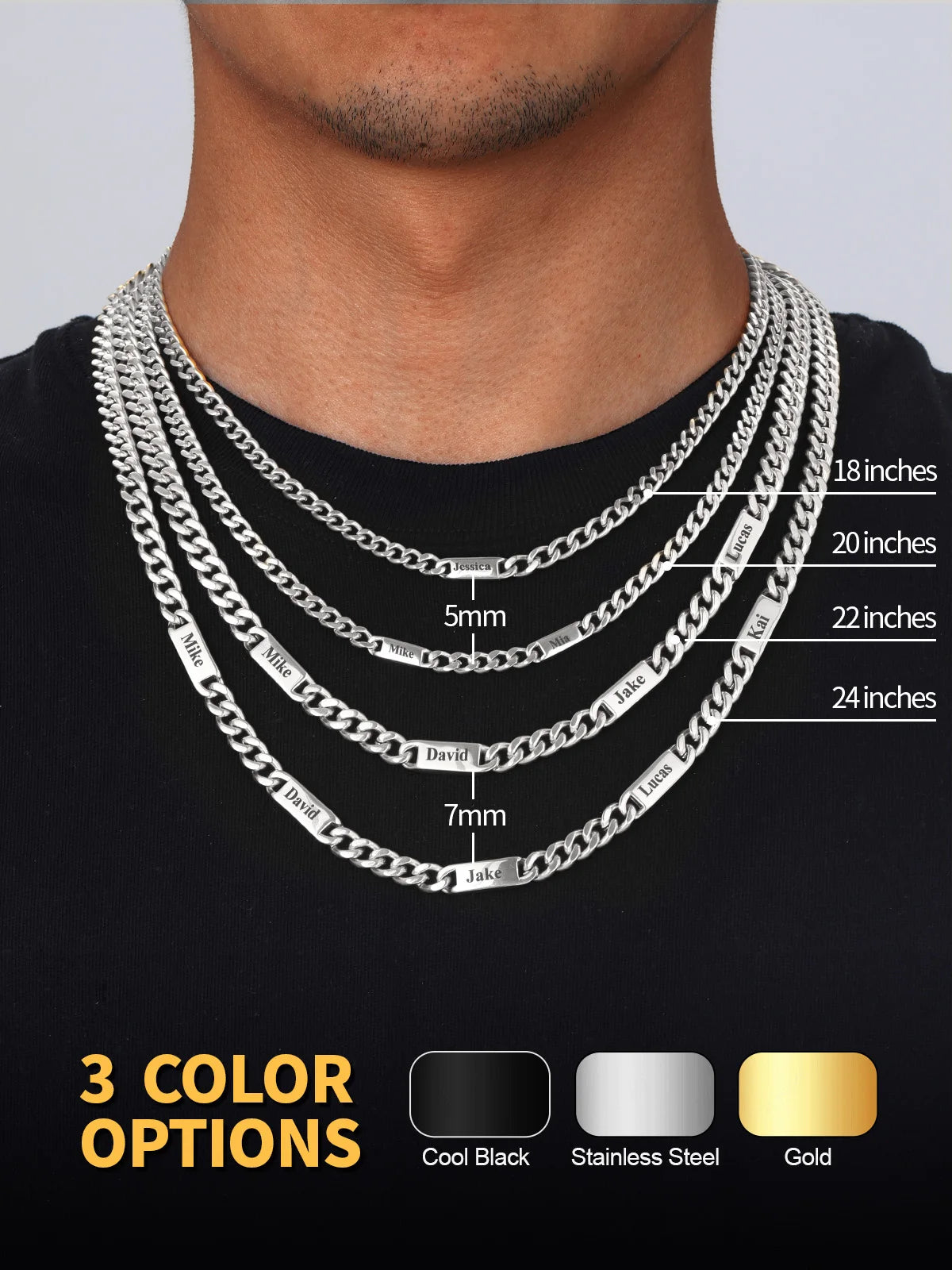U7 Custom 1-6 Names Cuban Chains Necklaces 5mm/7mm/9mm Chain Black Deep Engrave Family Members Names Fathers Day Jewelry Gift