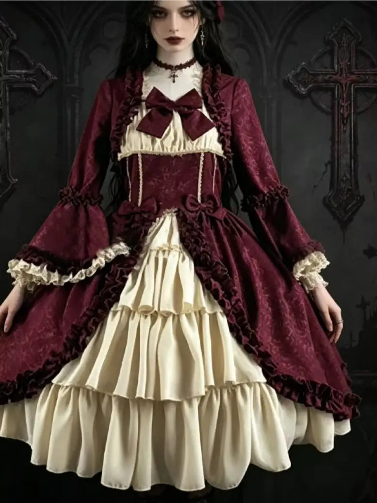 European and American medieval retro Gothic court style French soft girl dress with square collar, waist cinching and patchwork