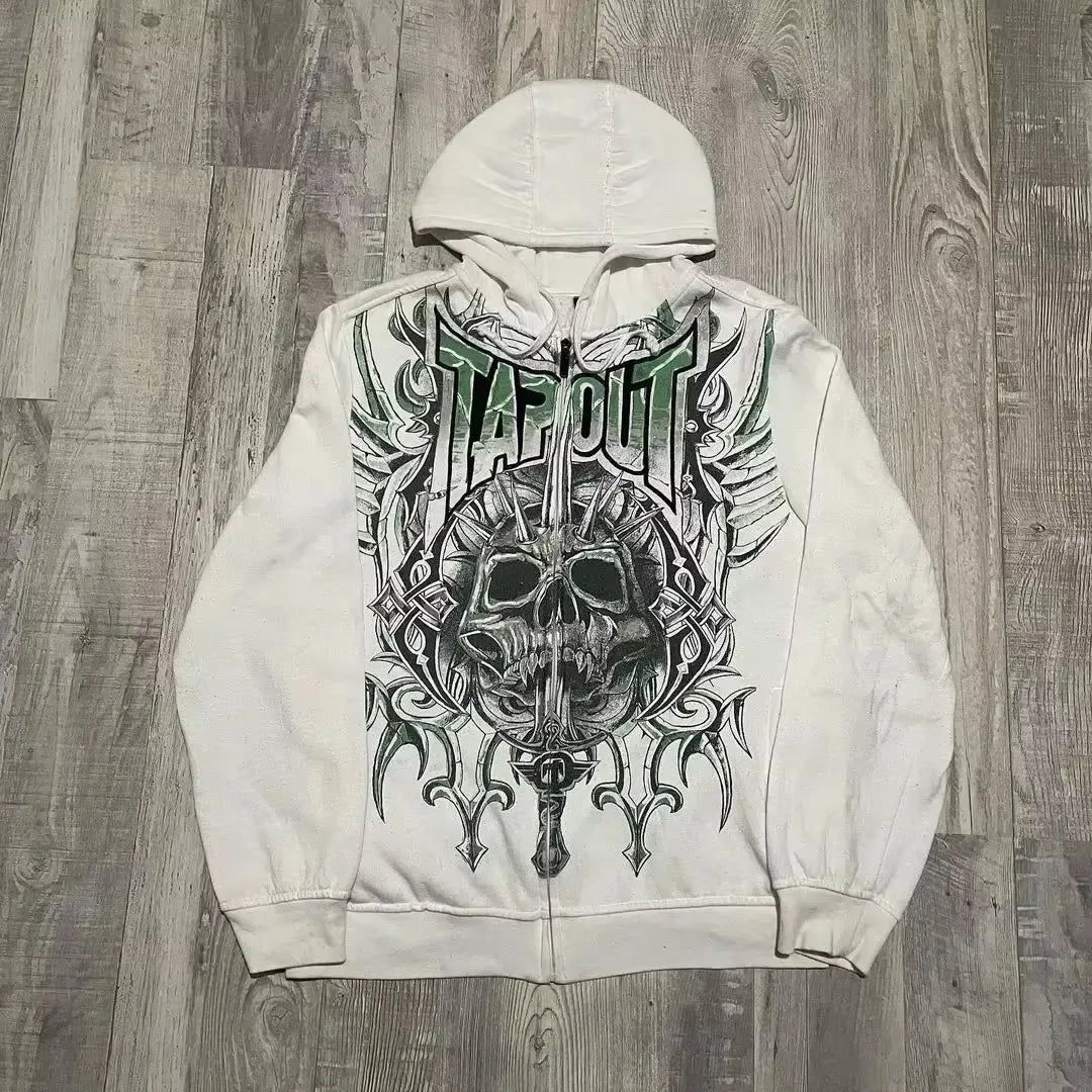 Y2K Street Gothic Hoodie Punk Classic Retro Skull Print Zipper Hip Hop Leisure Sweater New Personality Hoodie Street Wear