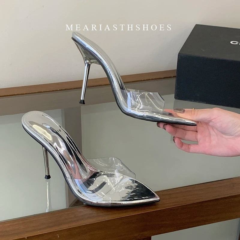 2025 New Summer Women's High-heeled Sandals Transparent High-heeled Slippers Stiletto Pointed Toe Slip-on High-heeled Sandals