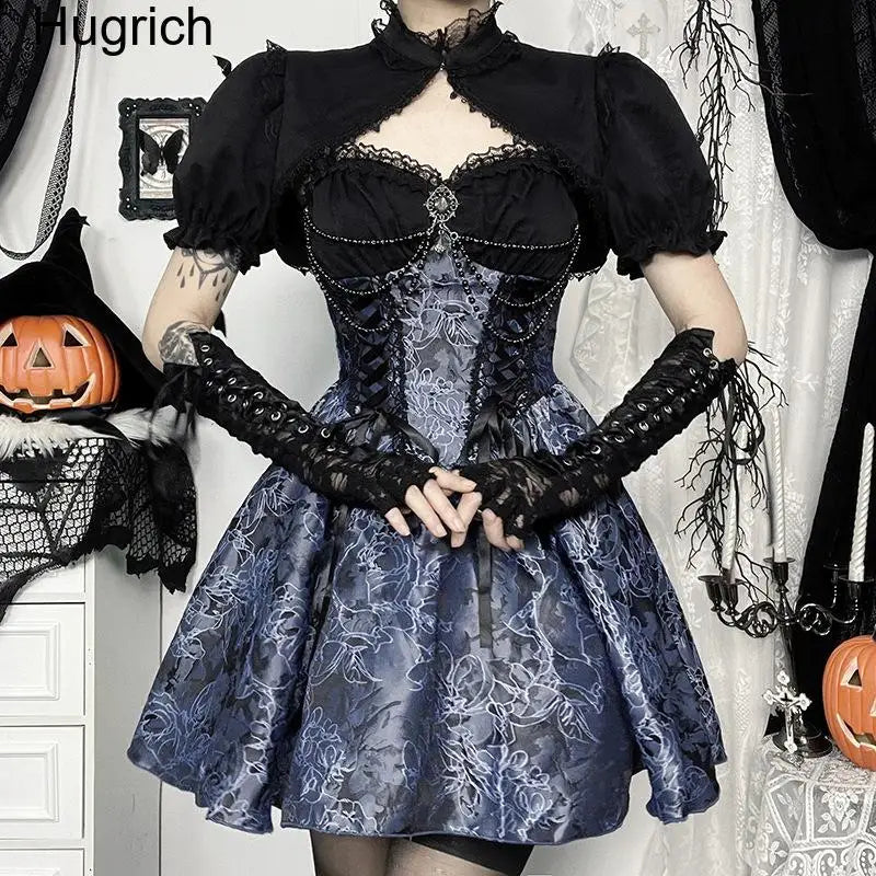 Gothic Lolita 2 Piece Outfit for Women Victorian Corset Lace Mini Dress with Lace Stand Collar Puff Sleeve Bolero Shrug Dark