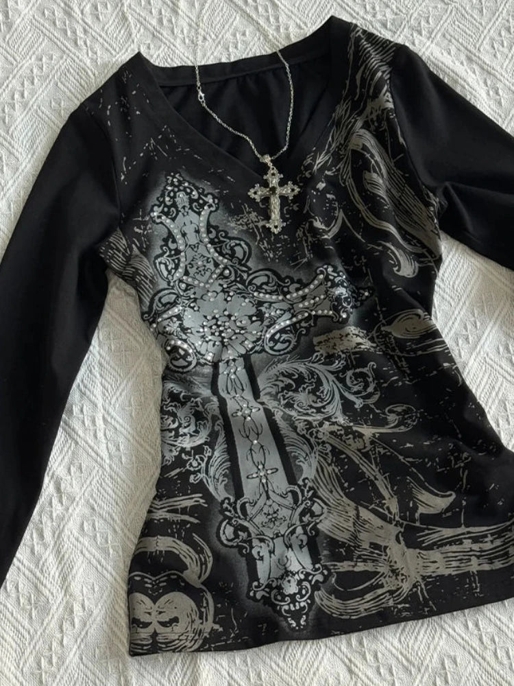 Y2K Gothic black printed T-shirt female American retro spring new V-neck long sleeve waist slim top