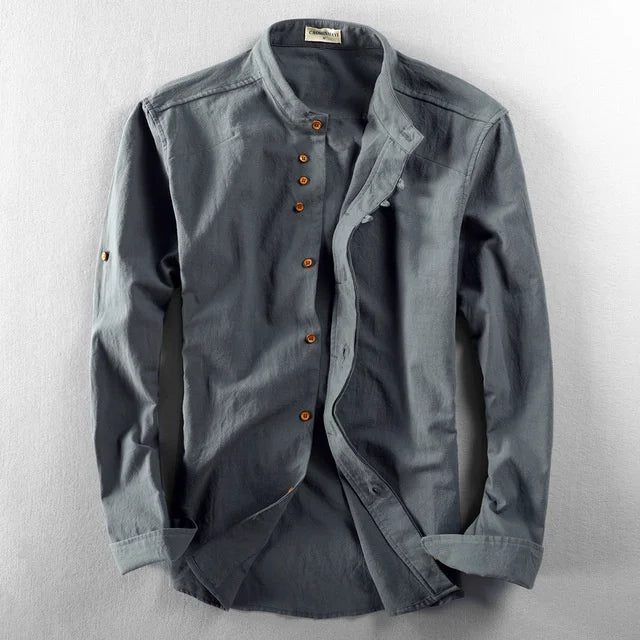 Spring Mens Shirt Japan Vintage Style Premium Linen Stand Collar Slim Fit Single Breasted Simple Design Casual Shirts Fashion