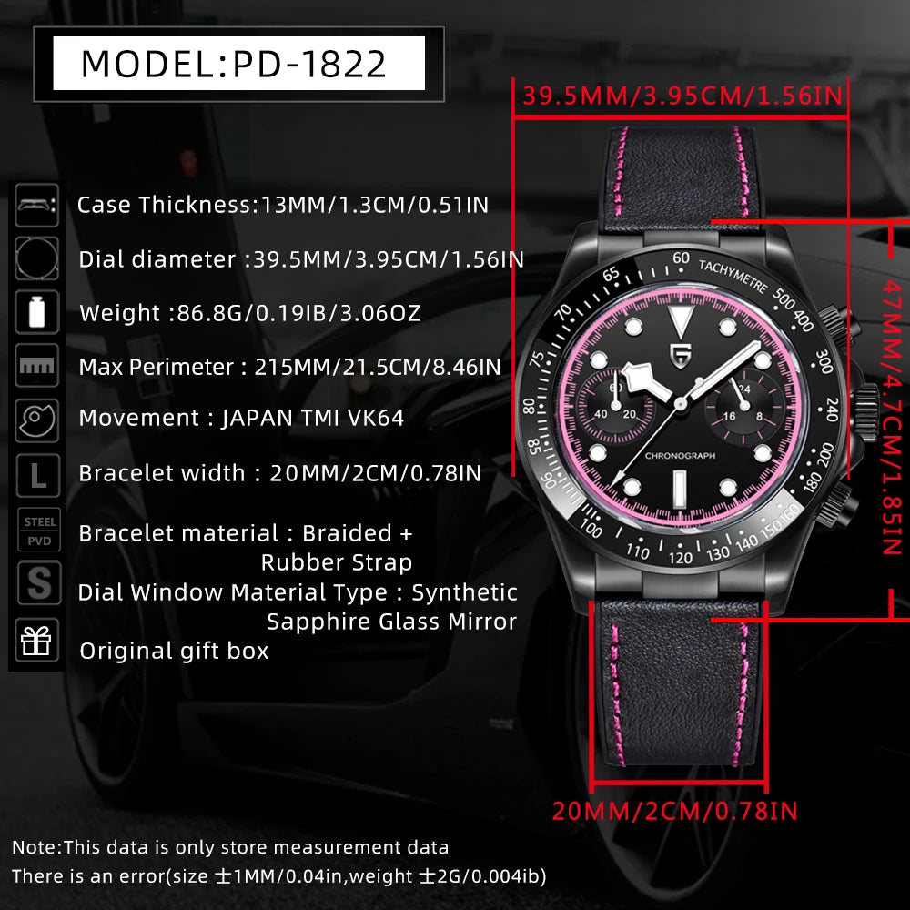 PAGANI DESIGN Pink Panda Men's Watch Quartz Wristwatches Luxury Speed Chronograph Watch For Men AR Sapphire Waterproof Luminous