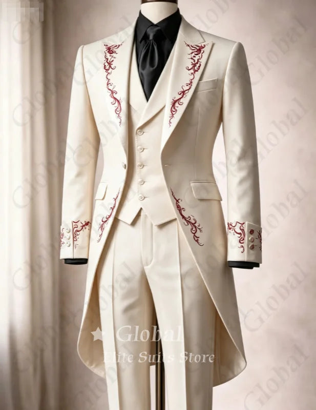 Black Tailcoat Tuxedo 3-Piece Suit with Red Embroidery Gothic Victorian Style Formal Wedding Prom Party Groom Outfit Customized