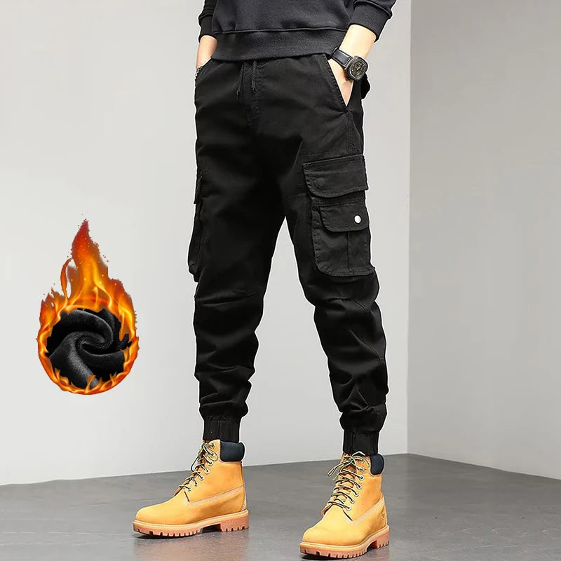 Men's Winter Snow Warm Thermal Plush Cargo Pants Comfortable Elastic Waist Casual Trousers Trend Versatile Concise Outside Pants