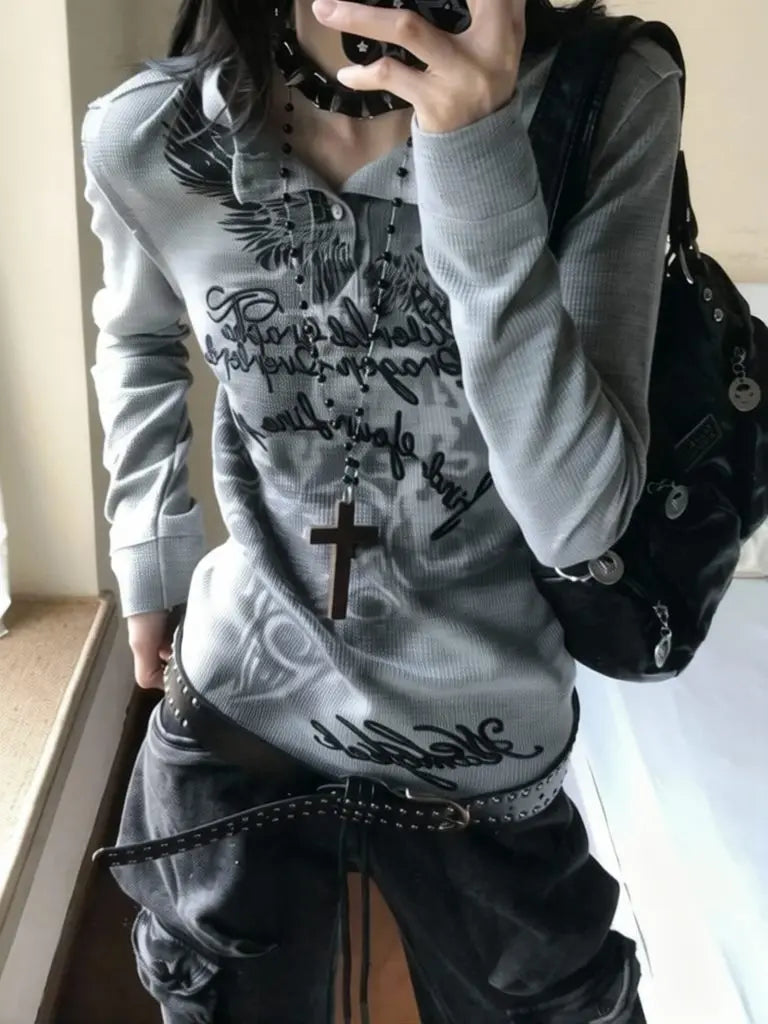 Henley Collar Y2k T Shirts Women Vintage Streetwear American Long Sleeve Top Graphic Basic Slim Fit T Shirt Autumn
